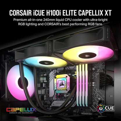Icue H100I Elite CAPELLIX XT Liquid CPU Cooler - Two AF120 RGB Elite Fans - 240Mm Radiator - Intel® LGA 1700, 1200, 115X, 2066, AMD® AM5, AM4 - Included Icue Commander CORE - Black